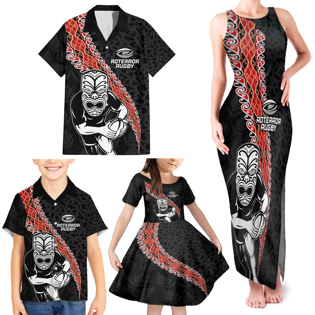 New Zealand Maori Warrior Rugby Family Matching Tank Maxi Dress and Hawaiian Shirt Maori and Silver Fern Half Style LT03 - Polynesian Pride
