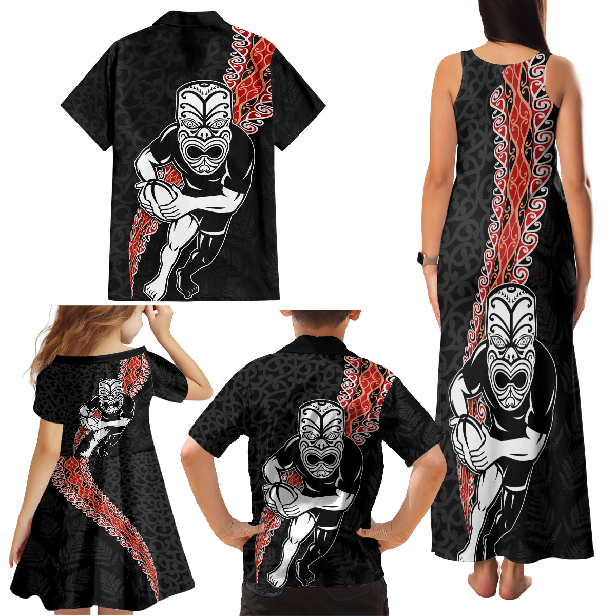 New Zealand Maori Warrior Rugby Family Matching Tank Maxi Dress and Hawaiian Shirt Maori and Silver Fern Half Style LT03 - Polynesian Pride