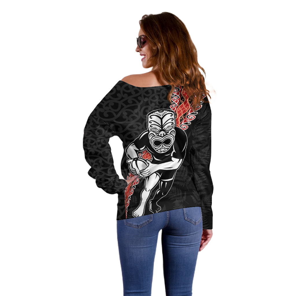 New Zealand Maori Warrior Rugby Off Shoulder Sweater Maori and Silver Fern Half Style