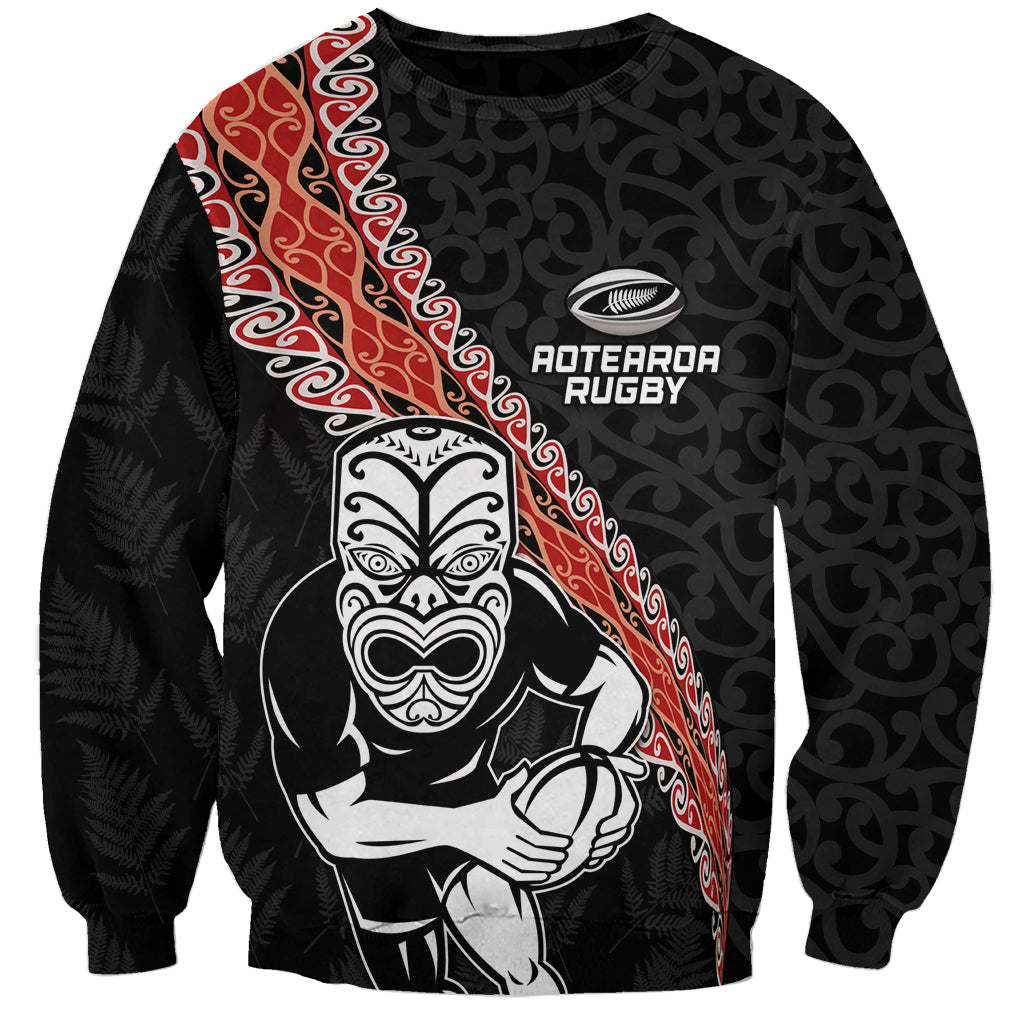 New Zealand Maori Warrior Rugby Sweatshirt Maori and Silver Fern Half Style LT03 Unisex Black - Polynesian Pride