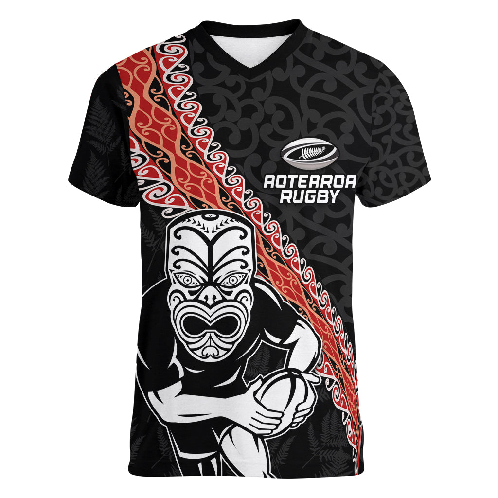 New Zealand Maori Warrior Rugby Women V-Neck T-Shirt Maori and Silver Fern Half Style
