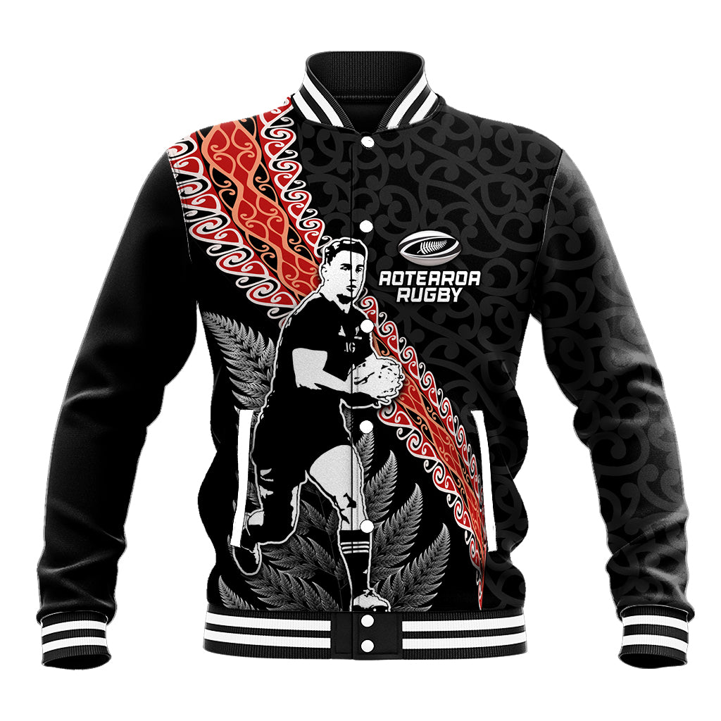 New Zealand Maori Rugby Player Baseball Jacket Maori and Silver Fern Half Style LT03 Unisex Black - Polynesian Pride