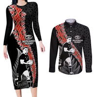 New Zealand Maori Rugby Player Couples Matching Long Sleeve Bodycon Dress and Long Sleeve Button Shirt Maori and Silver Fern Half Style LT03 Black - Polynesian Pride