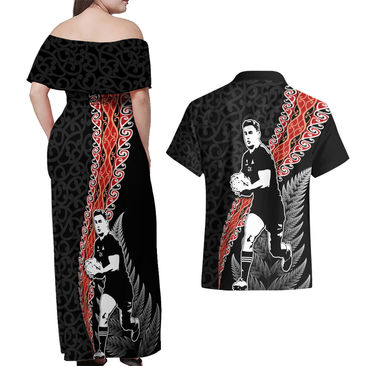 New Zealand Maori Rugby Player Couples Matching Off Shoulder Maxi Dress and Hawaiian Shirt Maori and Silver Fern Half Style LT03 - Polynesian Pride
