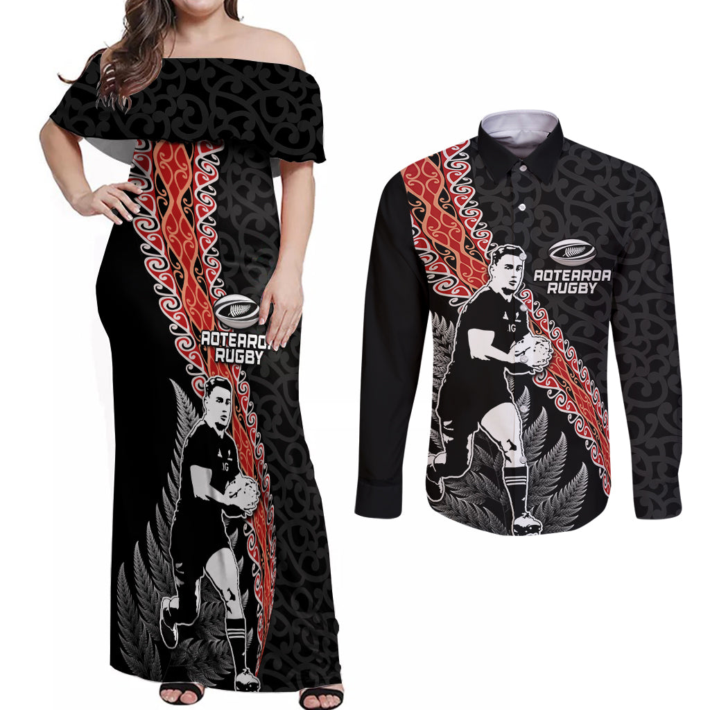 New Zealand Maori Rugby Player Couples Matching Off Shoulder Maxi Dress and Long Sleeve Button Shirt Maori and Silver Fern Half Style LT03 Black - Polynesian Pride