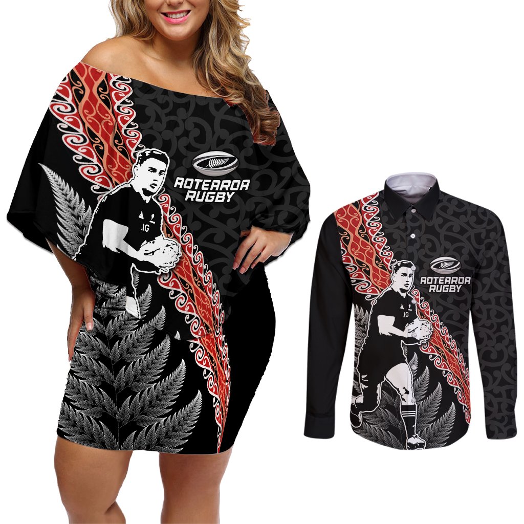 New Zealand Maori Rugby Player Couples Matching Off Shoulder Short Dress and Long Sleeve Button Shirt Maori and Silver Fern Half Style LT03 Black - Polynesian Pride