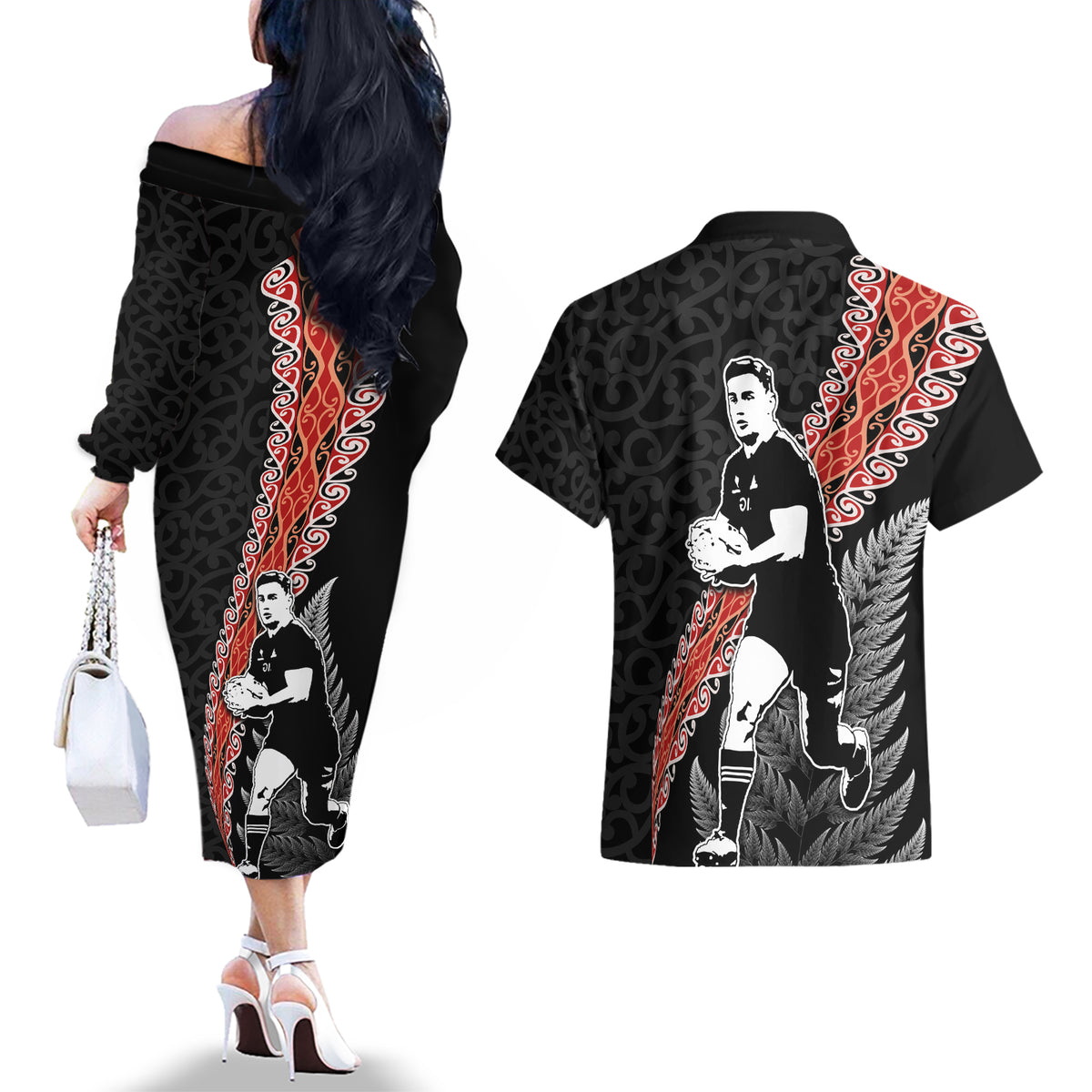 New Zealand Maori Rugby Player Couples Matching Off The Shoulder Long Sleeve Dress and Hawaiian Shirt Maori and Silver Fern Half Style LT03 - Polynesian Pride