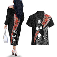 New Zealand Maori Rugby Player Couples Matching Off The Shoulder Long Sleeve Dress and Hawaiian Shirt Maori and Silver Fern Half Style LT03 - Polynesian Pride