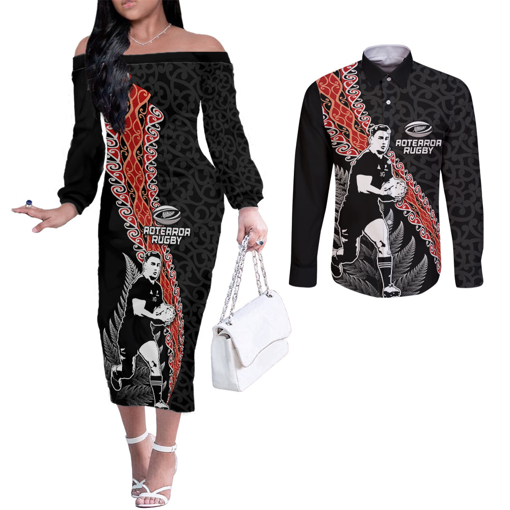 New Zealand Maori Rugby Player Couples Matching Off The Shoulder Long Sleeve Dress and Long Sleeve Button Shirt Maori and Silver Fern Half Style LT03 Black - Polynesian Pride