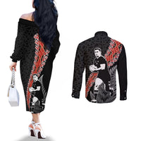 New Zealand Maori Rugby Player Couples Matching Off The Shoulder Long Sleeve Dress and Long Sleeve Button Shirt Maori and Silver Fern Half Style LT03 - Polynesian Pride