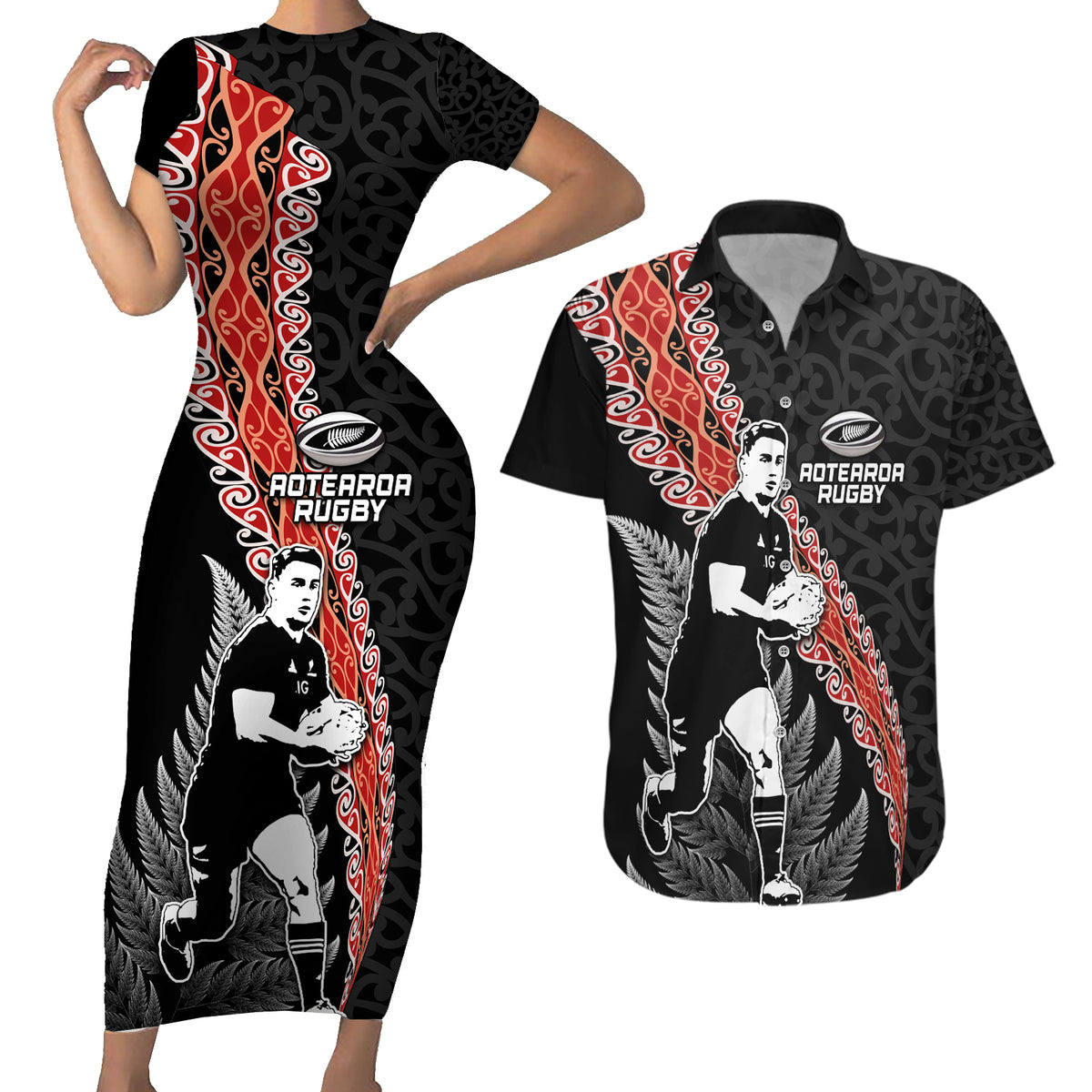 New Zealand Maori Rugby Player Couples Matching Short Sleeve Bodycon Dress and Hawaiian Shirt Maori and Silver Fern Half Style LT03 Black - Polynesian Pride