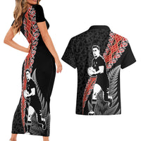 New Zealand Maori Rugby Player Couples Matching Short Sleeve Bodycon Dress and Hawaiian Shirt Maori and Silver Fern Half Style LT03 - Polynesian Pride