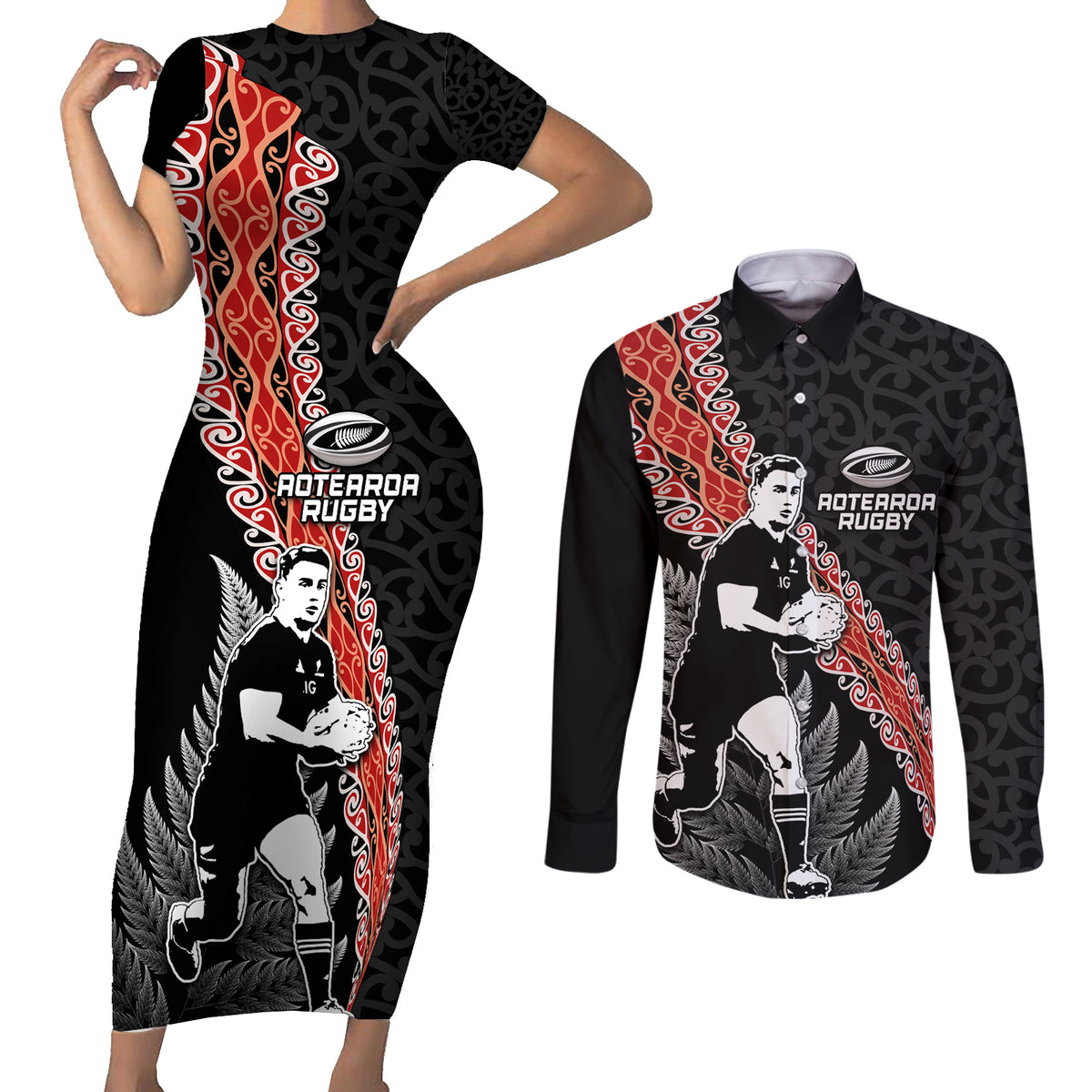 New Zealand Maori Rugby Player Couples Matching Short Sleeve Bodycon Dress and Long Sleeve Button Shirt Maori and Silver Fern Half Style LT03 Black - Polynesian Pride