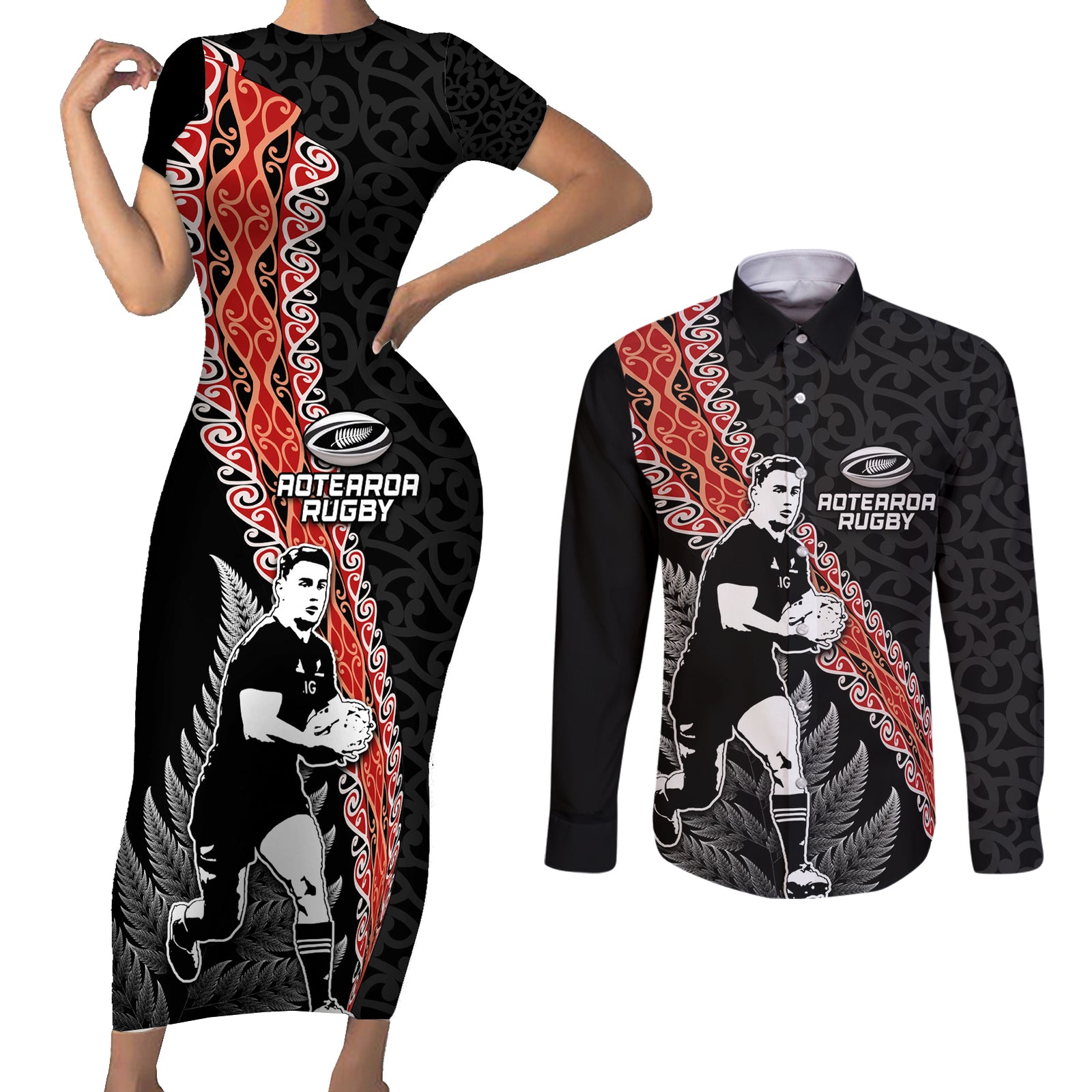 New Zealand Maori Rugby Player Couples Matching Short Sleeve Bodycon Dress and Long Sleeve Button Shirt Maori and Silver Fern Half Style LT03 Black - Polynesian Pride