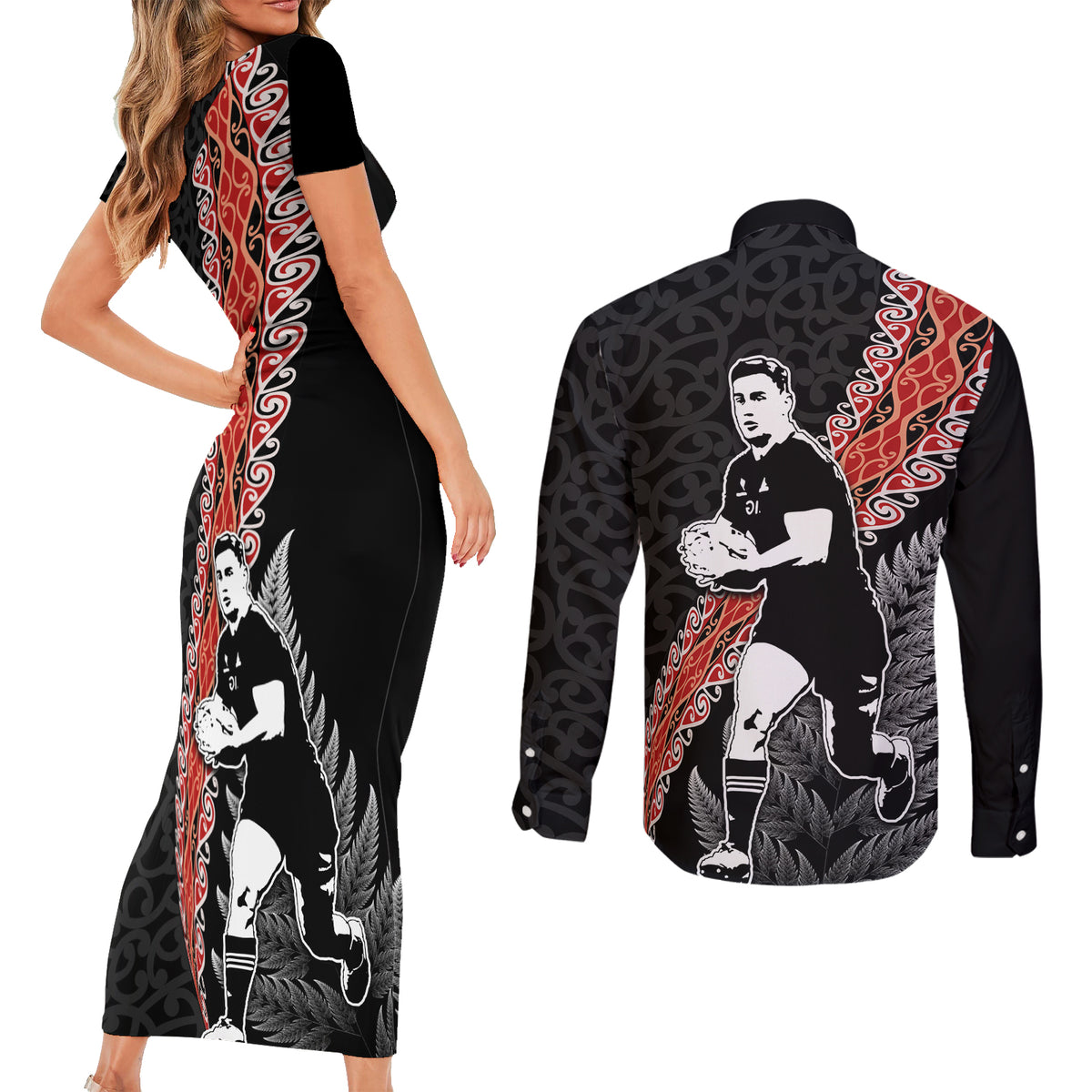 New Zealand Maori Rugby Player Couples Matching Short Sleeve Bodycon Dress and Long Sleeve Button Shirt Maori and Silver Fern Half Style LT03 - Polynesian Pride