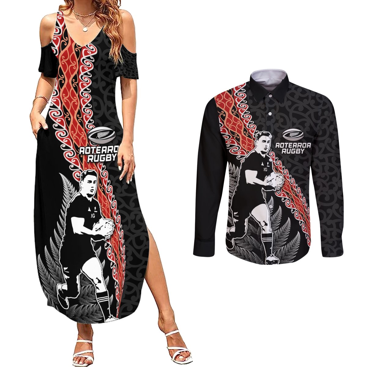 New Zealand Maori Rugby Player Couples Matching Summer Maxi Dress and Long Sleeve Button Shirt Maori and Silver Fern Half Style LT03 Black - Polynesian Pride