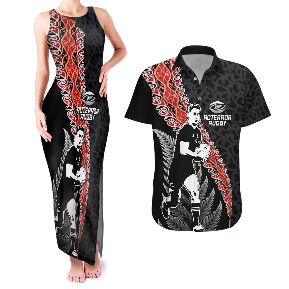 New Zealand Maori Rugby Player Couples Matching Tank Maxi Dress and Hawaiian Shirt Maori and Silver Fern Half Style LT03 Black - Polynesian Pride