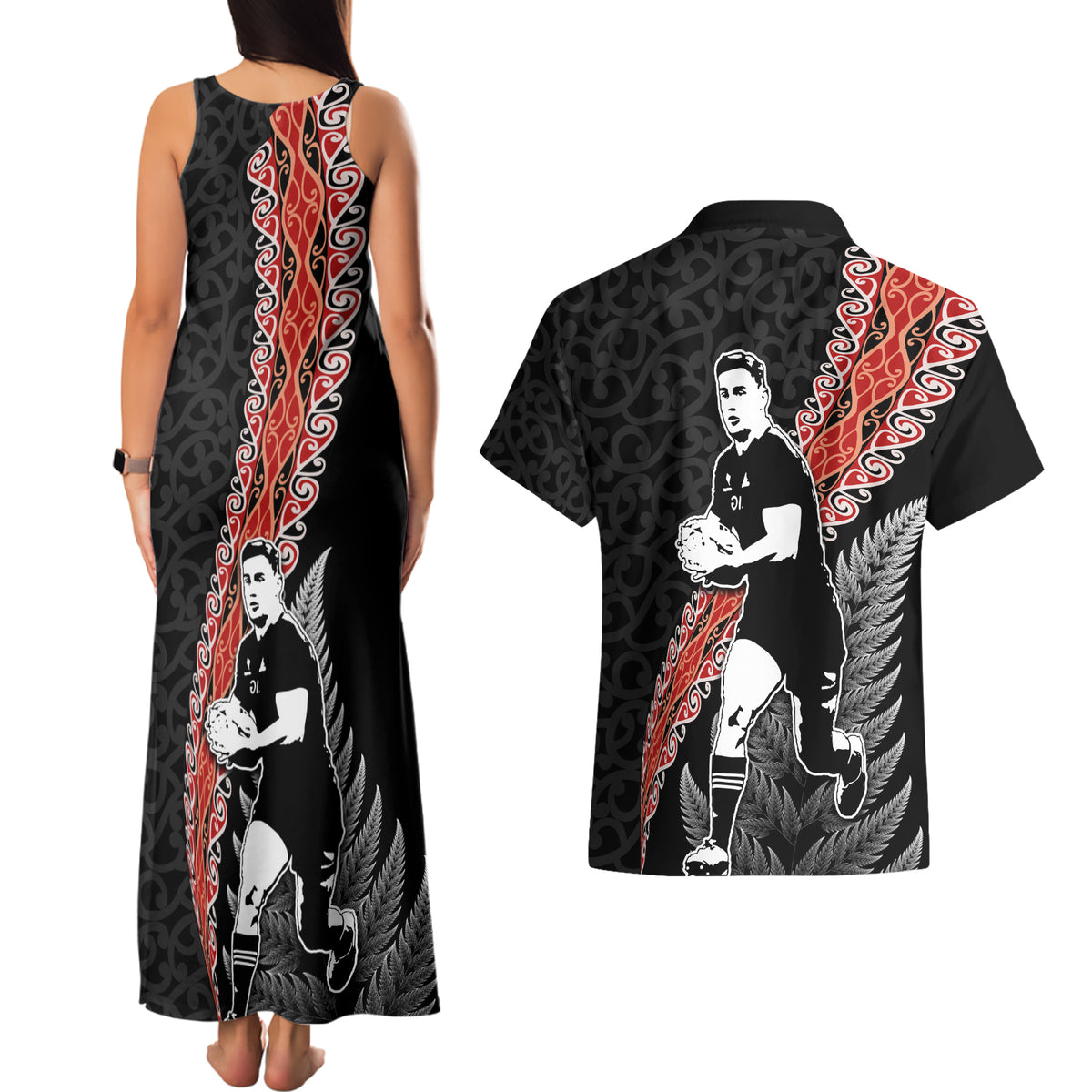 New Zealand Maori Rugby Player Couples Matching Tank Maxi Dress and Hawaiian Shirt Maori and Silver Fern Half Style LT03 - Polynesian Pride