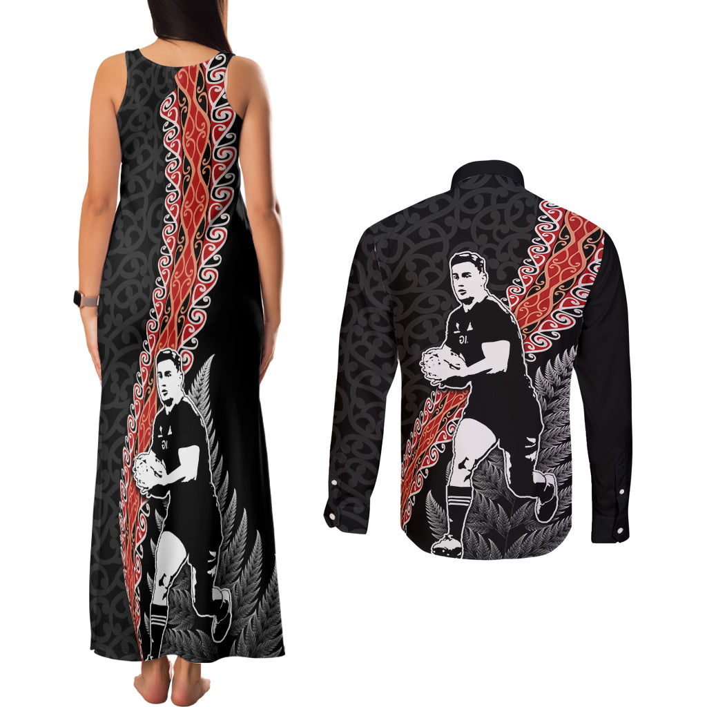 New Zealand Maori Rugby Player Couples Matching Tank Maxi Dress and Long Sleeve Button Shirt Maori and Silver Fern Half Style LT03 - Polynesian Pride