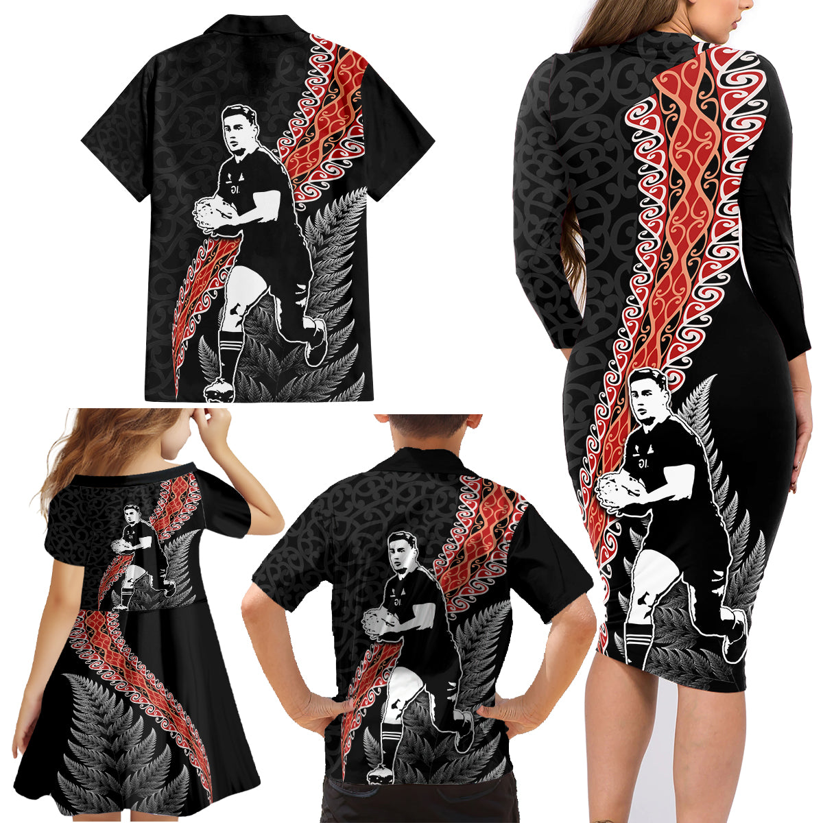 New Zealand Maori Rugby Player Family Matching Long Sleeve Bodycon Dress and Hawaiian Shirt Maori and Silver Fern Half Style LT03 - Polynesian Pride