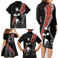 New Zealand Maori Rugby Player Family Matching Long Sleeve Bodycon Dress and Hawaiian Shirt Maori and Silver Fern Half Style LT03 - Polynesian Pride
