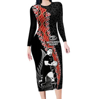 New Zealand Maori Rugby Player Family Matching Long Sleeve Bodycon Dress and Hawaiian Shirt Maori and Silver Fern Half Style LT03 Mom's Dress Black - Polynesian Pride