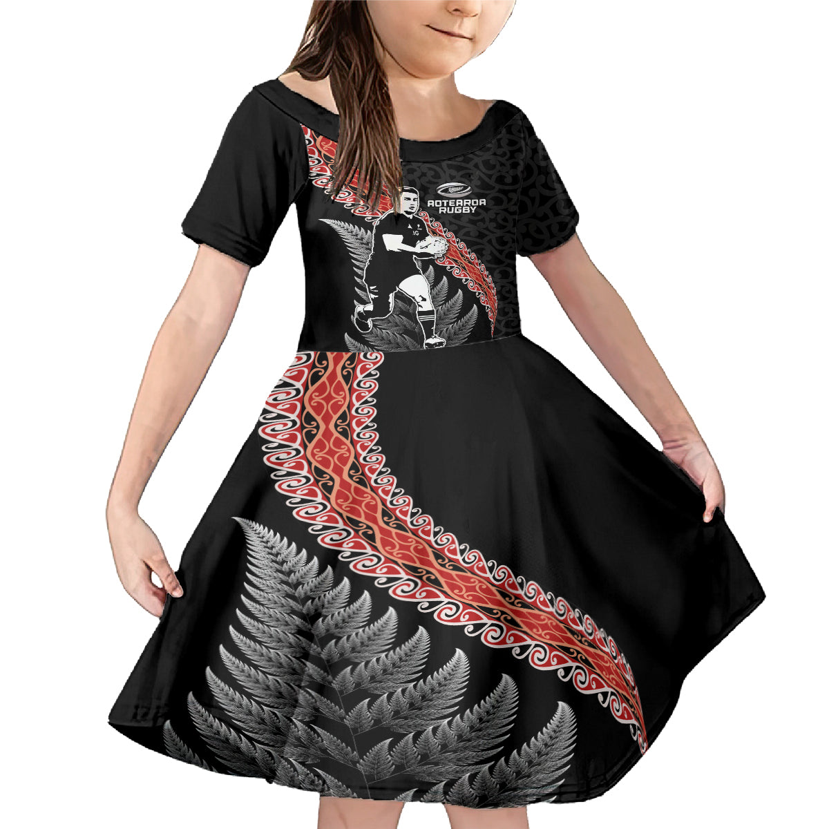 New Zealand Maori Rugby Player Family Matching Mermaid Dress and Hawaiian Shirt Maori and Silver Fern Half Style LT03 Daughter's Dress Black - Polynesian Pride