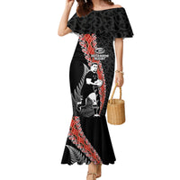 New Zealand Maori Rugby Player Family Matching Mermaid Dress and Hawaiian Shirt Maori and Silver Fern Half Style LT03 Mom's Dress Black - Polynesian Pride