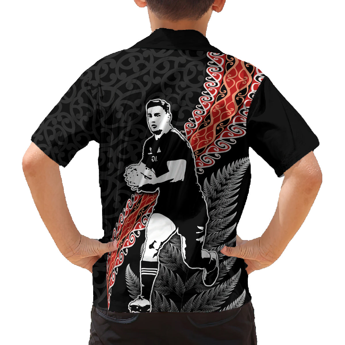 New Zealand Maori Rugby Player Family Matching Off The Shoulder Long Sleeve Dress and Hawaiian Shirt Maori and Silver Fern Half Style LT03 - Polynesian Pride