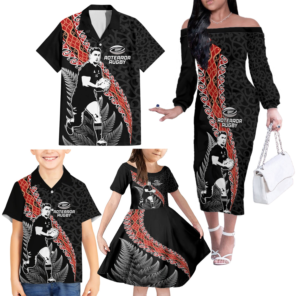 New Zealand Maori Rugby Player Family Matching Off The Shoulder Long Sleeve Dress and Hawaiian Shirt Maori and Silver Fern Half Style LT03 - Polynesian Pride