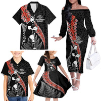 New Zealand Maori Rugby Player Family Matching Off The Shoulder Long Sleeve Dress and Hawaiian Shirt Maori and Silver Fern Half Style LT03 - Polynesian Pride