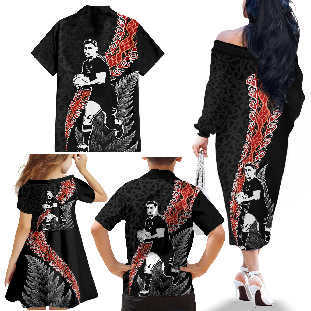 New Zealand Maori Rugby Player Family Matching Off The Shoulder Long Sleeve Dress and Hawaiian Shirt Maori and Silver Fern Half Style LT03 - Polynesian Pride