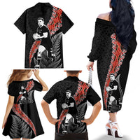 New Zealand Maori Rugby Player Family Matching Off The Shoulder Long Sleeve Dress and Hawaiian Shirt Maori and Silver Fern Half Style LT03 - Polynesian Pride