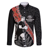 New Zealand Maori Rugby Player Family Matching Off The Shoulder Long Sleeve Dress and Hawaiian Shirt Maori and Silver Fern Half Style LT03 Dad's Shirt - Long Sleeve Black - Polynesian Pride