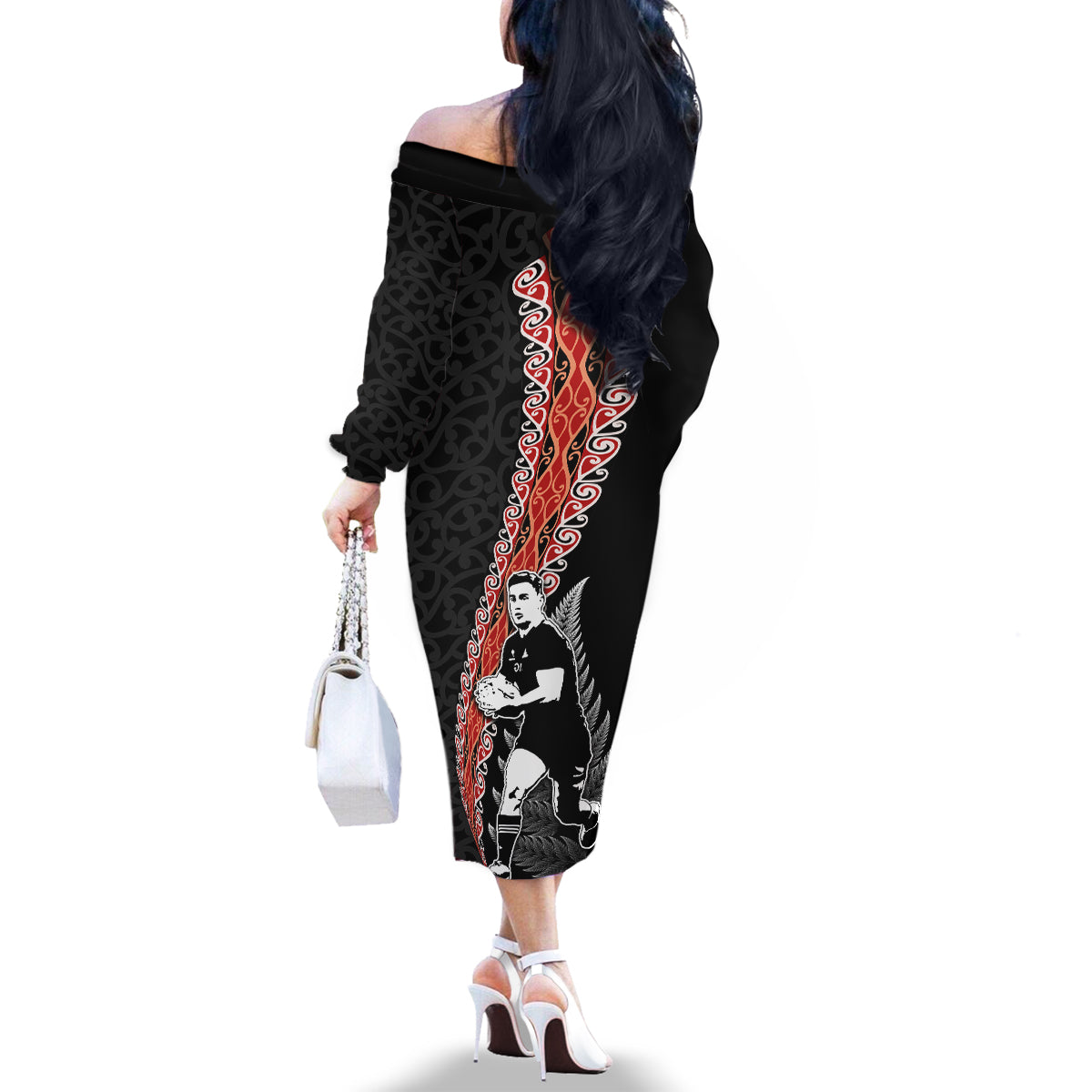 New Zealand Maori Rugby Player Family Matching Off The Shoulder Long Sleeve Dress and Hawaiian Shirt Maori and Silver Fern Half Style LT03 - Polynesian Pride