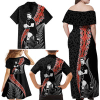 New Zealand Maori Rugby Player Family Matching Off Shoulder Maxi Dress and Hawaiian Shirt Maori and Silver Fern Half Style LT03 - Polynesian Pride