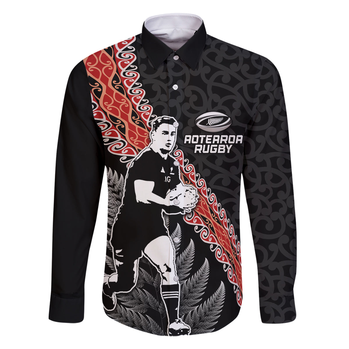 New Zealand Maori Rugby Player Family Matching Off Shoulder Maxi Dress and Hawaiian Shirt Maori and Silver Fern Half Style LT03 Dad's Shirt - Long Sleeve Black - Polynesian Pride