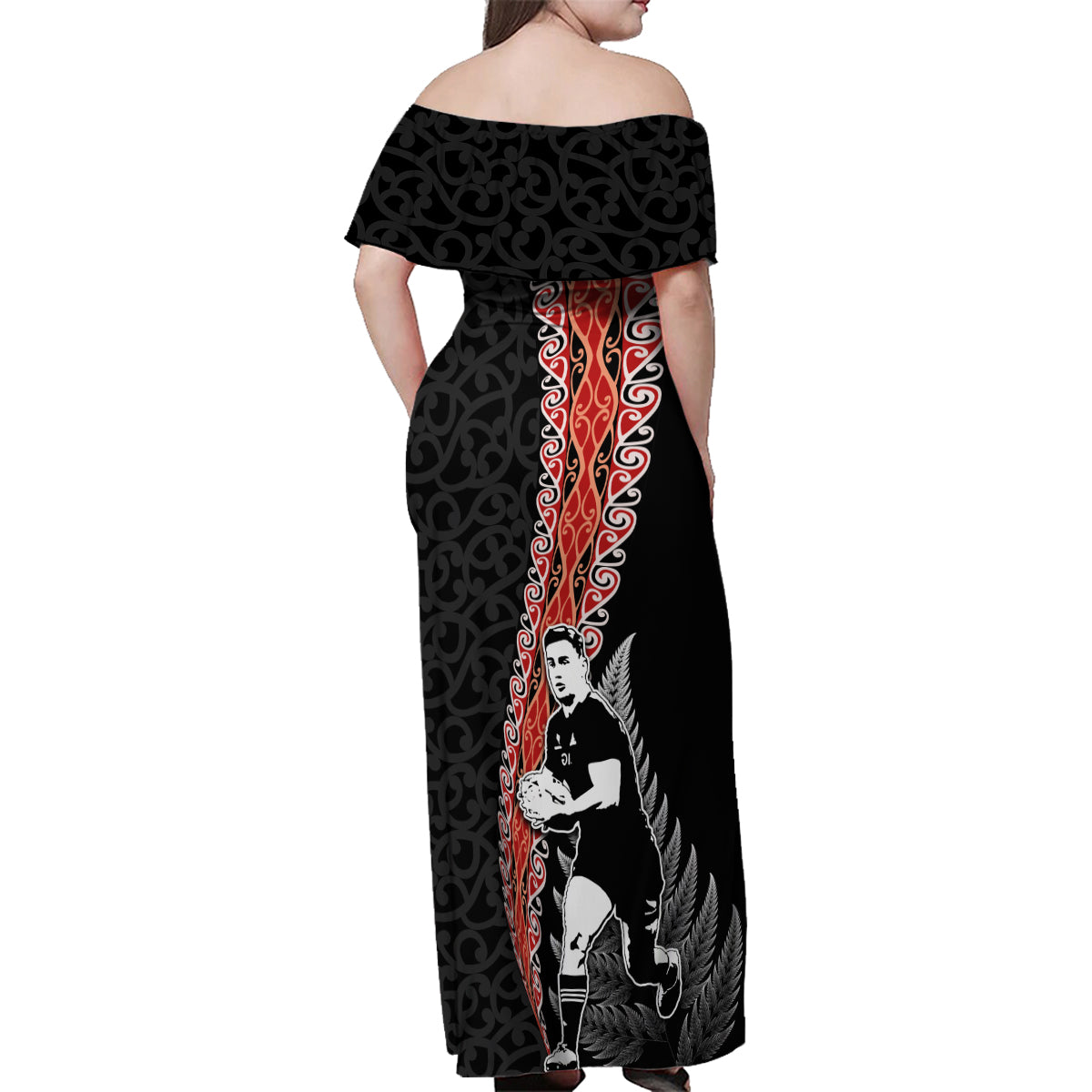 New Zealand Maori Rugby Player Family Matching Off Shoulder Maxi Dress and Hawaiian Shirt Maori and Silver Fern Half Style LT03 - Polynesian Pride