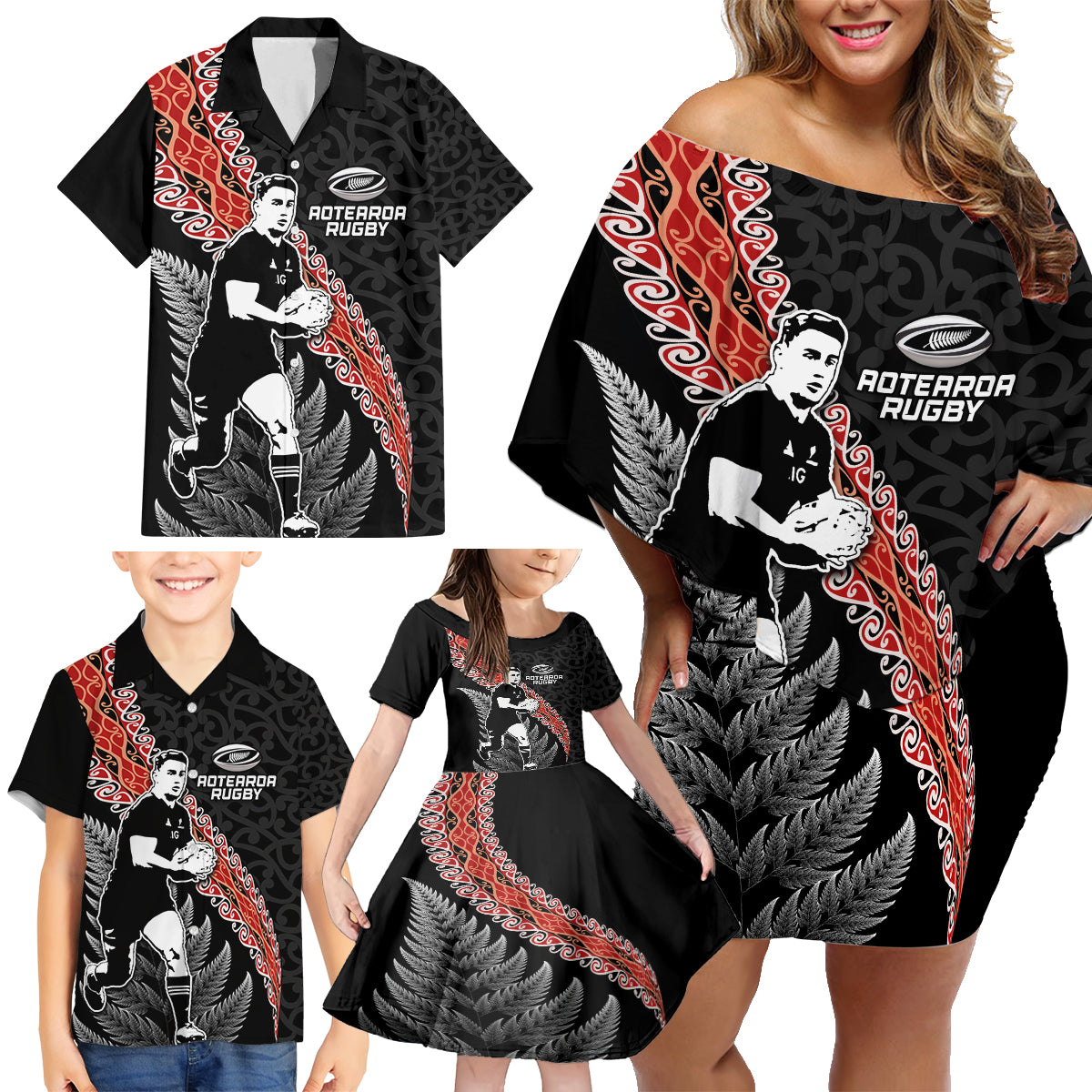 New Zealand Maori Rugby Player Family Matching Off Shoulder Short Dress and Hawaiian Shirt Maori and Silver Fern Half Style LT03 - Polynesian Pride
