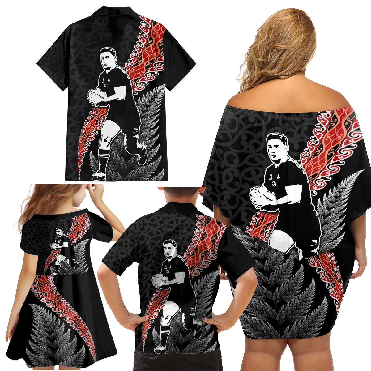 New Zealand Maori Rugby Player Family Matching Off Shoulder Short Dress and Hawaiian Shirt Maori and Silver Fern Half Style LT03 - Polynesian Pride