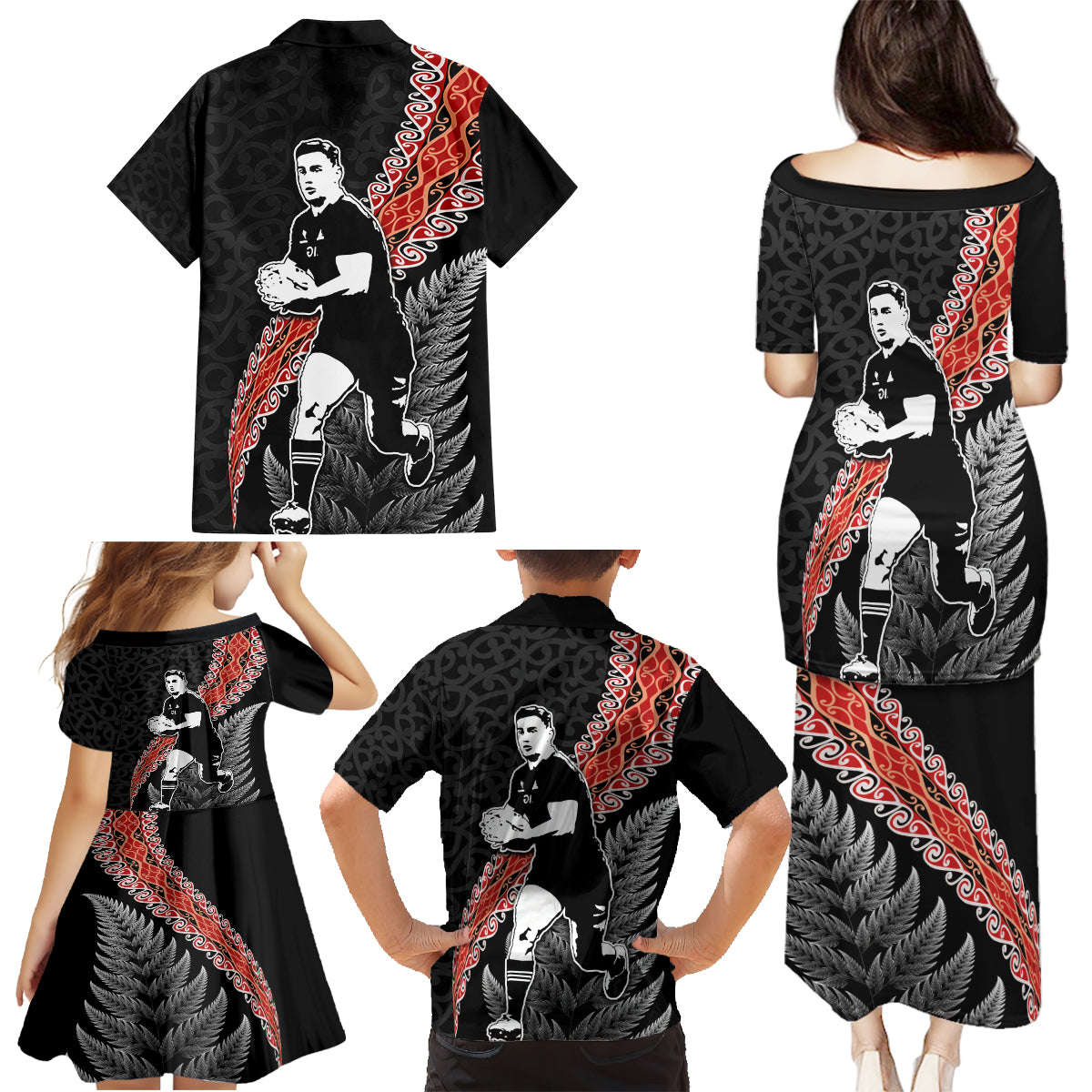 New Zealand Maori Rugby Player Family Matching Puletasi and Hawaiian Shirt Maori and Silver Fern Half Style LT03 - Polynesian Pride