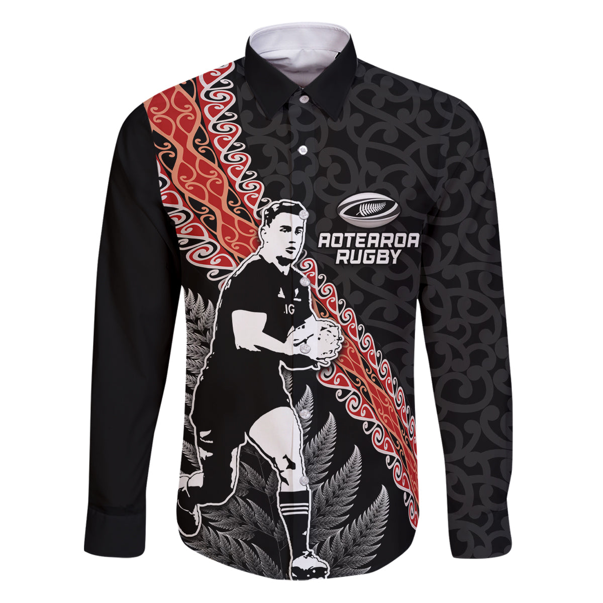 New Zealand Maori Rugby Player Family Matching Puletasi and Hawaiian Shirt Maori and Silver Fern Half Style LT03 Dad's Shirt - Long Sleeve Black - Polynesian Pride