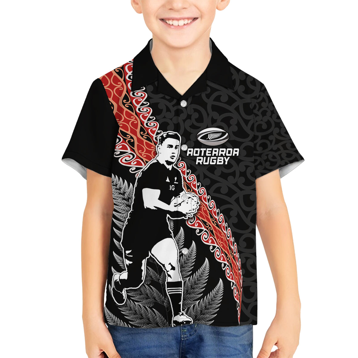 New Zealand Maori Rugby Player Family Matching Puletasi and Hawaiian Shirt Maori and Silver Fern Half Style LT03 Son's Shirt Black - Polynesian Pride