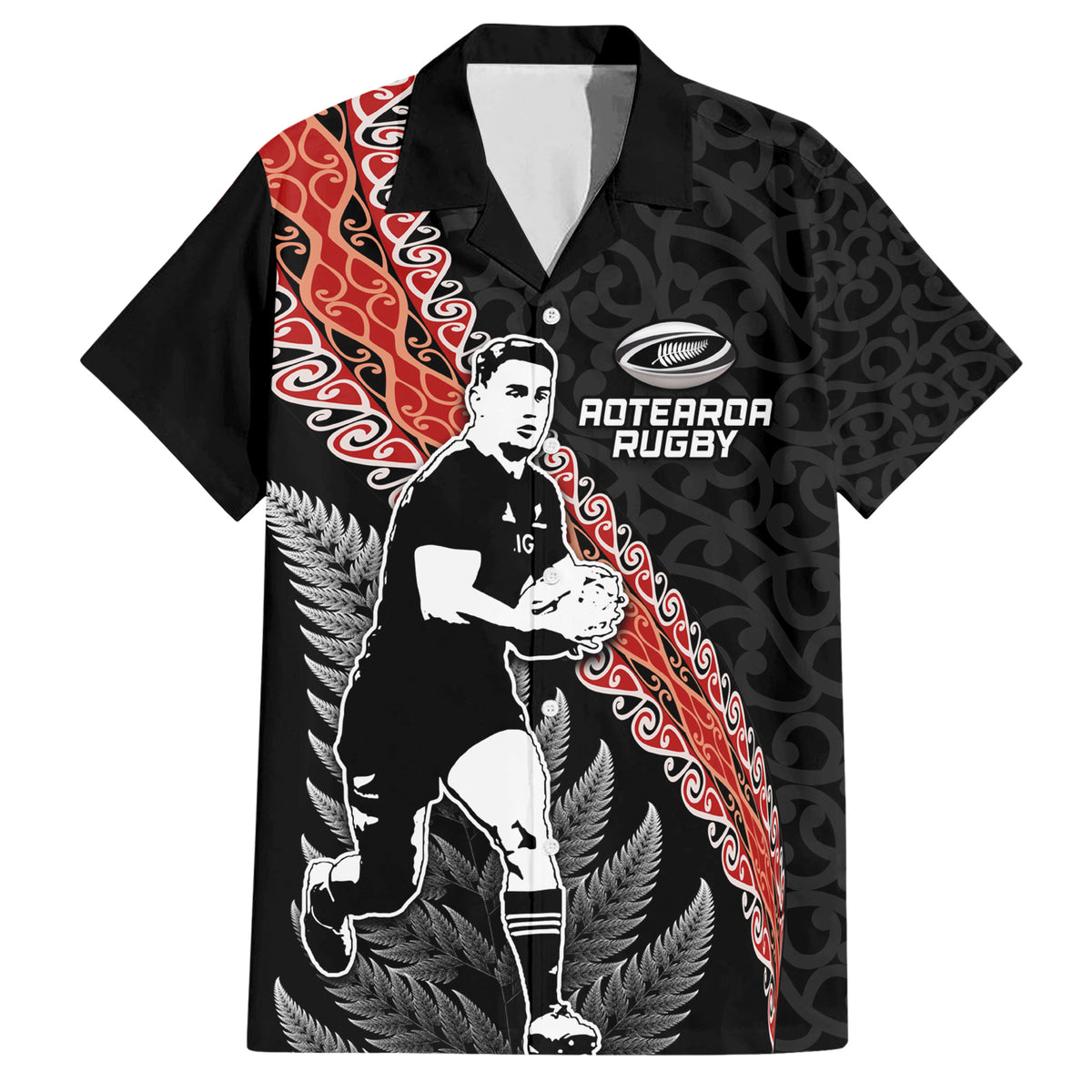 New Zealand Maori Rugby Player Family Matching Short Sleeve Bodycon Dress and Hawaiian Shirt Maori and Silver Fern Half Style LT03 Dad's Shirt - Short Sleeve Black - Polynesian Pride
