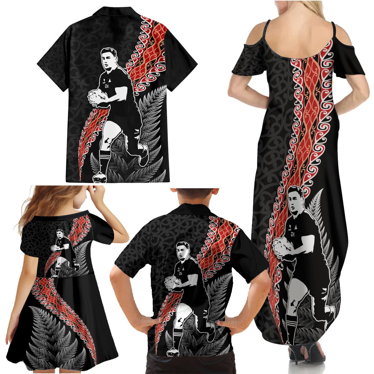 New Zealand Maori Rugby Player Family Matching Summer Maxi Dress and Hawaiian Shirt Maori and Silver Fern Half Style LT03 - Polynesian Pride