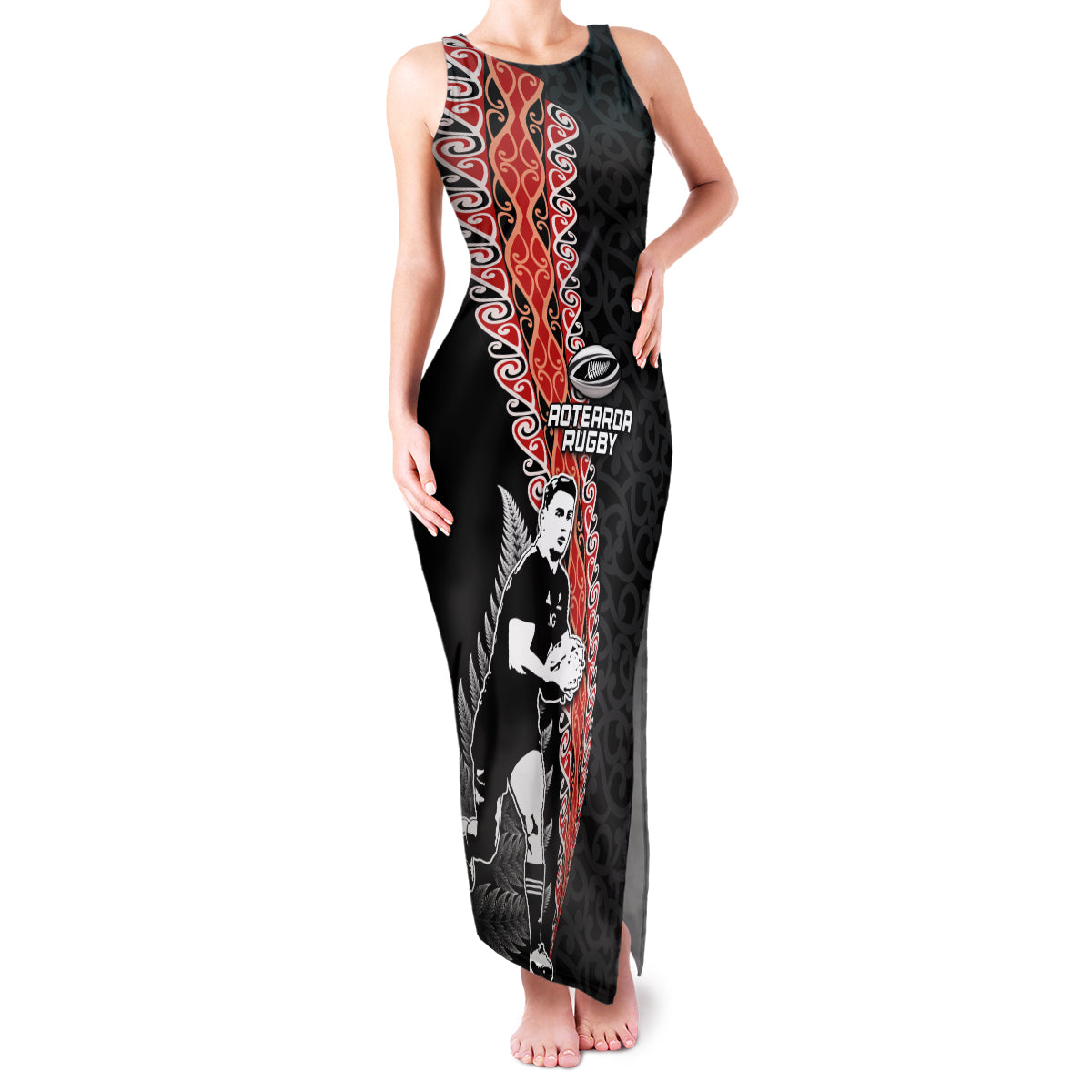 New Zealand Maori Rugby Player Family Matching Tank Maxi Dress and Hawaiian Shirt Maori and Silver Fern Half Style LT03 Mom's Dress Black - Polynesian Pride