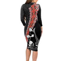 New Zealand Maori Rugby Player Long Sleeve Bodycon Dress Maori and Silver Fern Half Style LT03 - Polynesian Pride