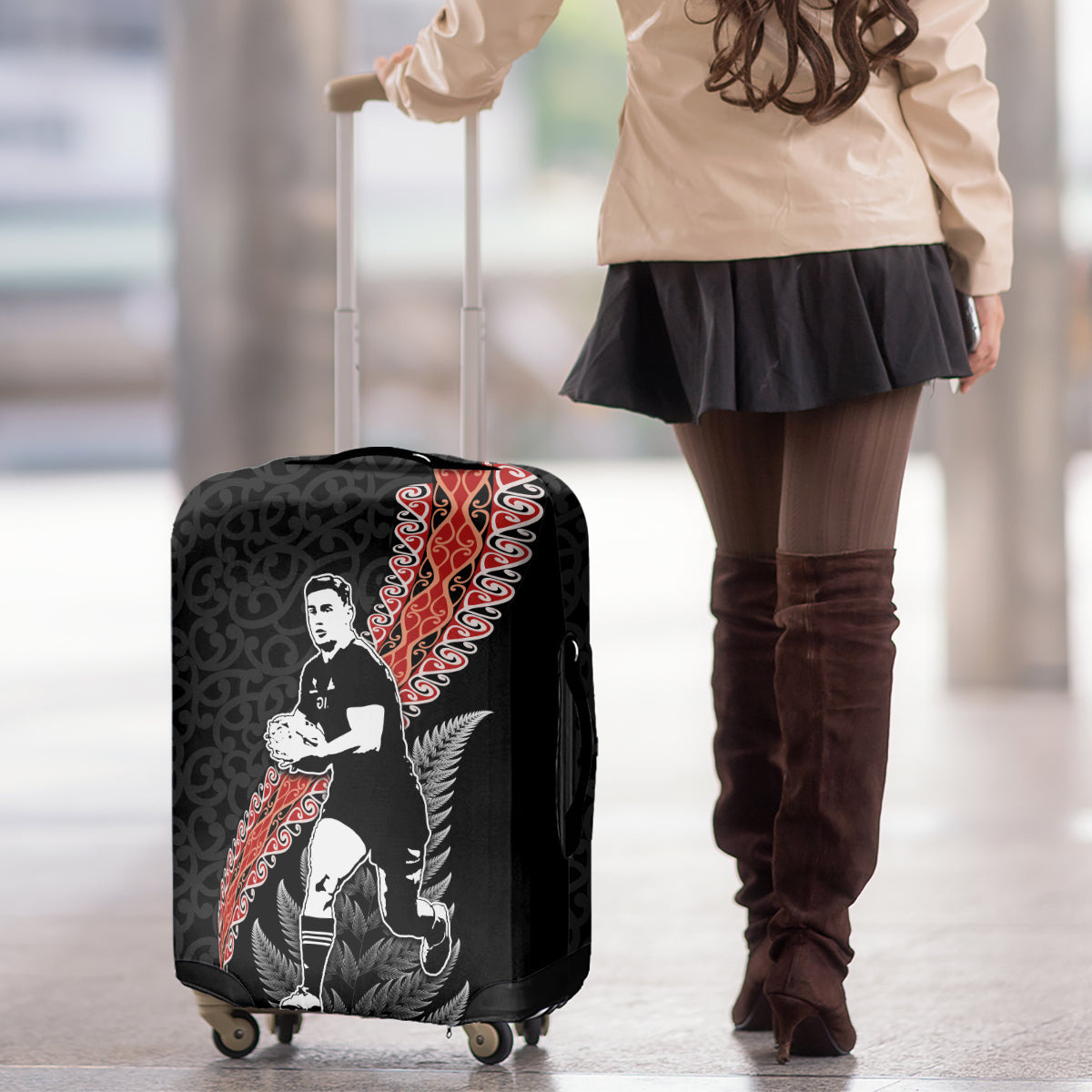 New Zealand Maori Rugby Player Luggage Cover Maori and Silver Fern Half Style