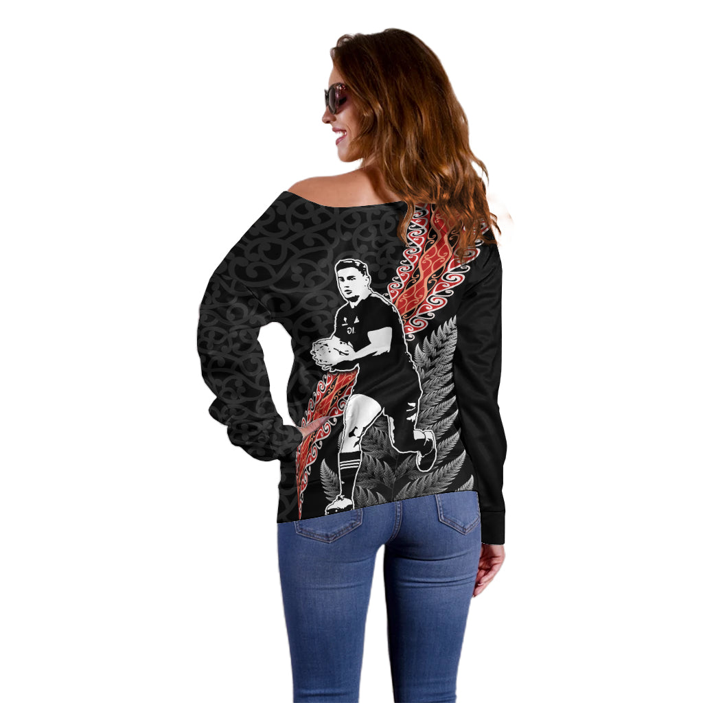 New Zealand Maori Rugby Player Off Shoulder Sweater Maori and Silver Fern Half Style