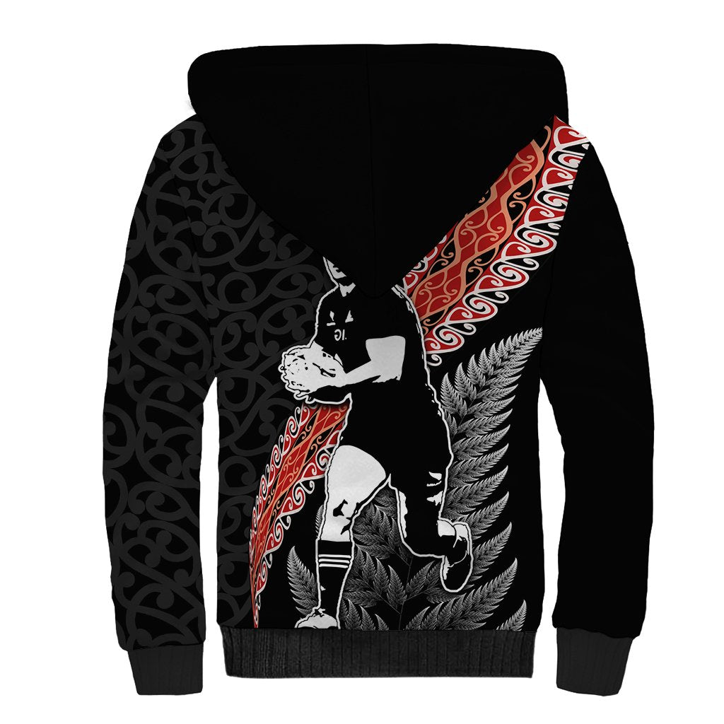 New Zealand Maori Rugby Player Sherpa Hoodie Maori and Silver Fern Half Style LT03 - Polynesian Pride